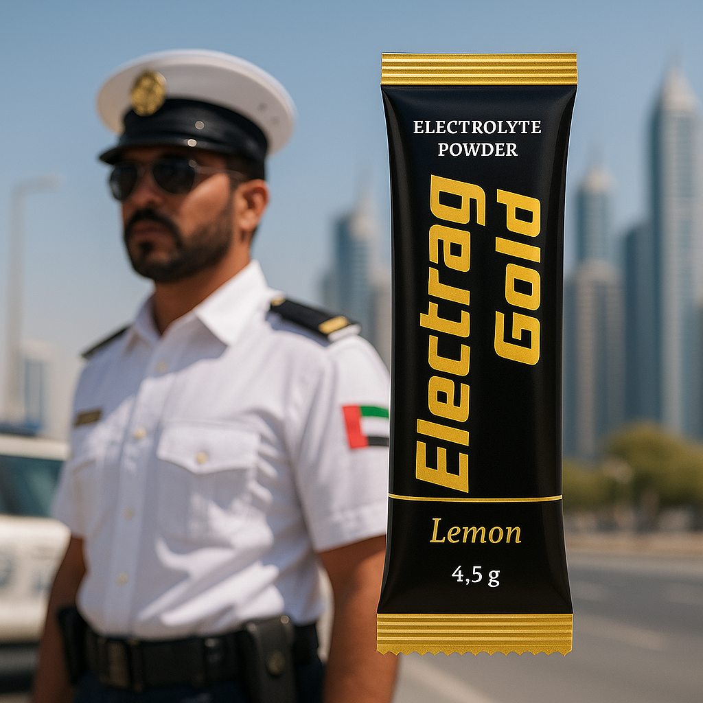 Electrag Gold Lemon electrolyte powder supporting UAE police hydration in extreme heat