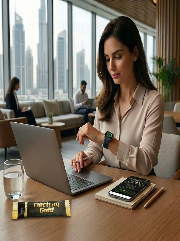 Professional in a premium Dubai office checking hydration score on a smartwatch with Electrag Gold electrolyte sachet and water, representing smart hydration and hydration tracking in GCC heat