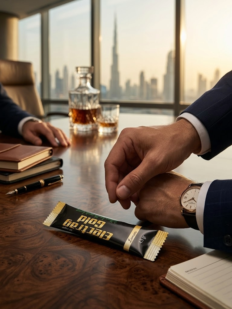 Executive in Dubai during a demanding workday with focus and hydration routine cues