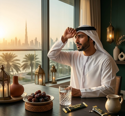 Ramadan hydration and recovery routine in Dubai heat with Electrag Gold electrolyte sachets during iftar in a modern GCC environment