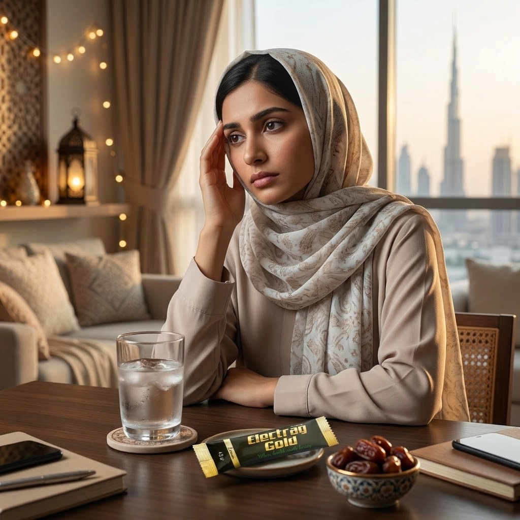 Person recovering after fasting during Ramadan heat in the UAE with Electrag Gold and hydration near iftar