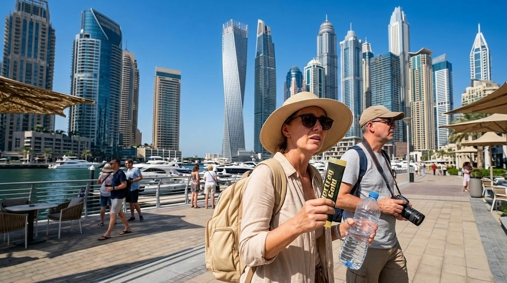 Tourists exploring Dubai during a hot day while adapting to GCC climate conditions and outdoor sightseeing