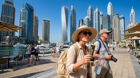 Tourists exploring Dubai during a hot day while adapting to GCC climate conditions and outdoor sightseeing