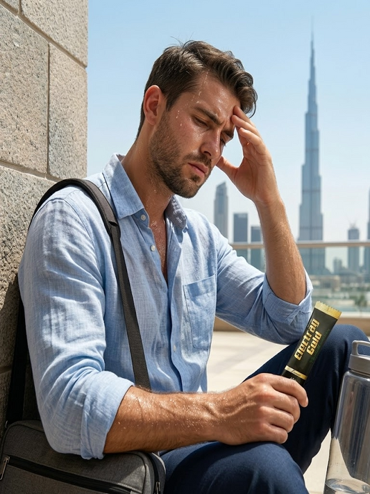 Professional feeling exhausted after spending time outdoors in Dubai heat showing effects of heat exposure dehydration and energy loss.