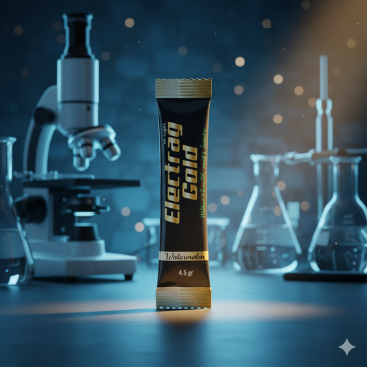 Close-up of a single Electrag Gold sachet in a laboratory setting, representing zero-sugar electrolytes for hydration, biohacking, and performance in Dubai.